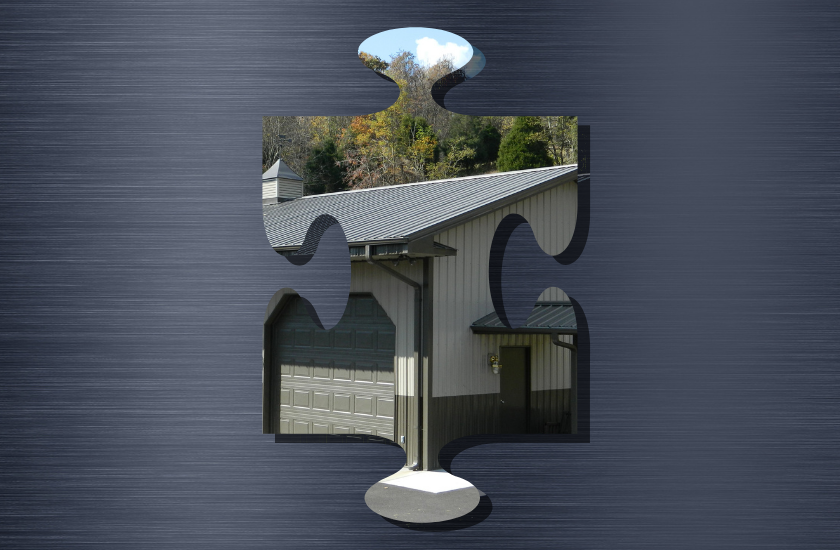 A puzzle piece graphic framing a photo of metal roofing and siding trim.